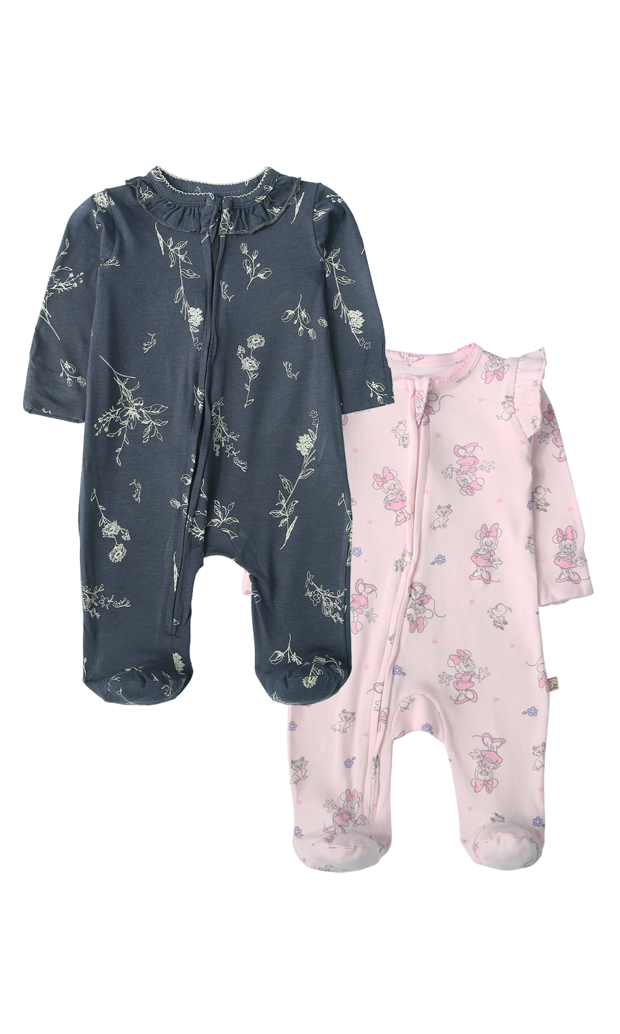 Baby Girl Cotton Sleepsuit Pack of 2 — Blue Floral Print & Pink Minnie Mouse Print