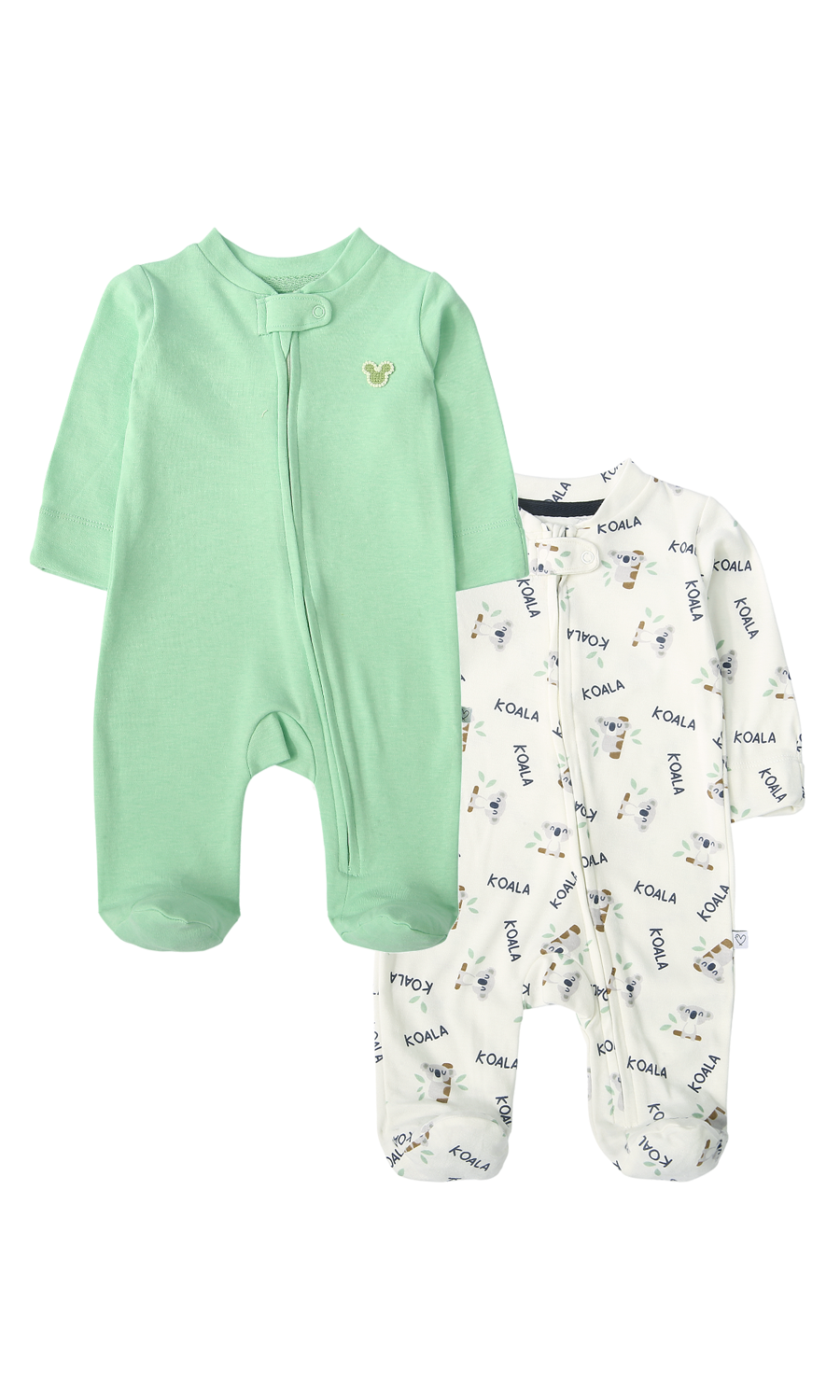 Baby Sleep Suit Pack of 2 Green Solid & White Koala Print
