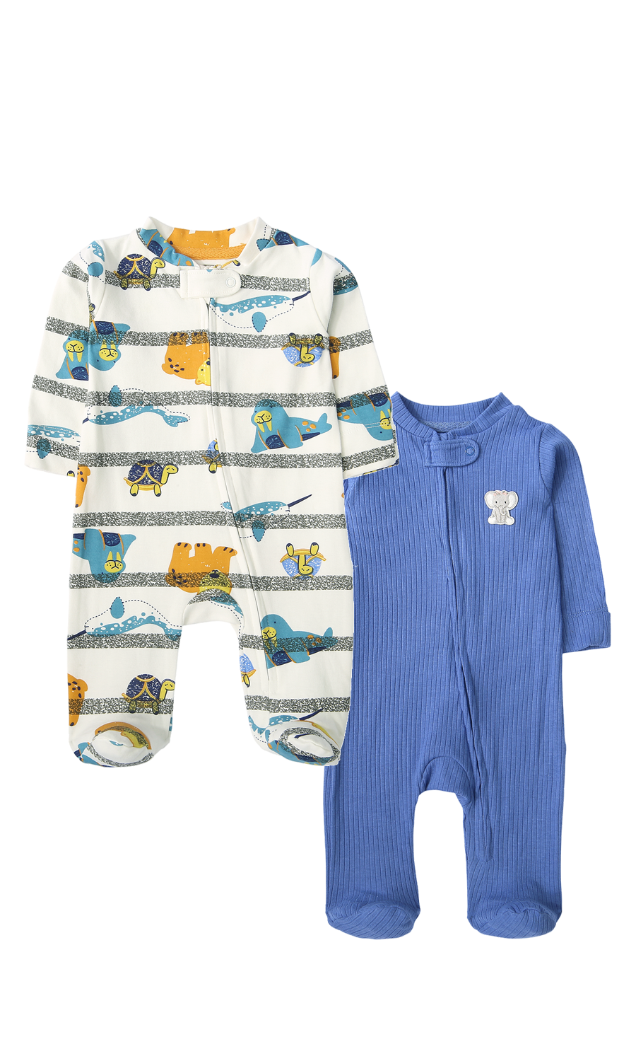 Baby Sleep Suit Pack of 2 Blue Ribbed & White Animal Print