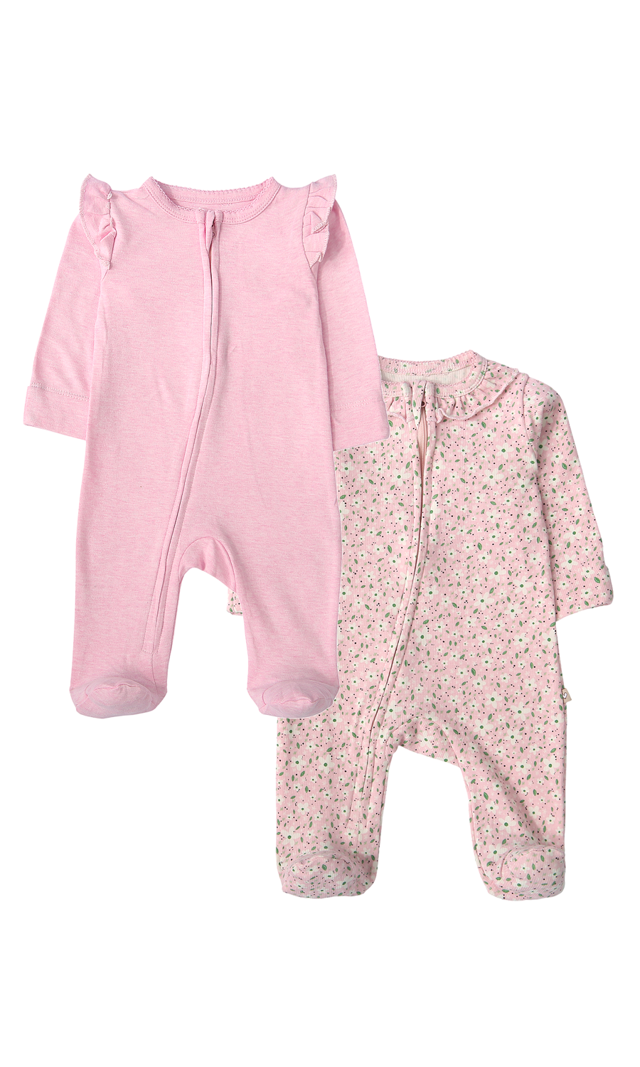Baby Girl Sleep Suit Pack of 2 Pink Floral Print & Pink Solid Ruffle