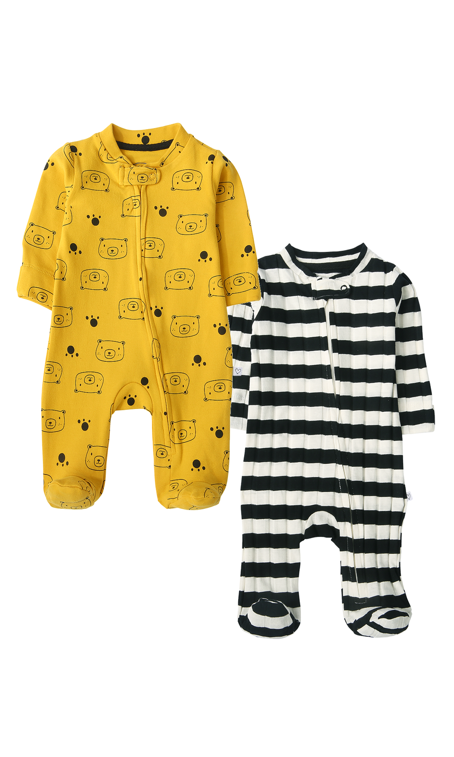 Baby Sleep Suit Pack of 2 Mustard Bear Print & Black White Striped