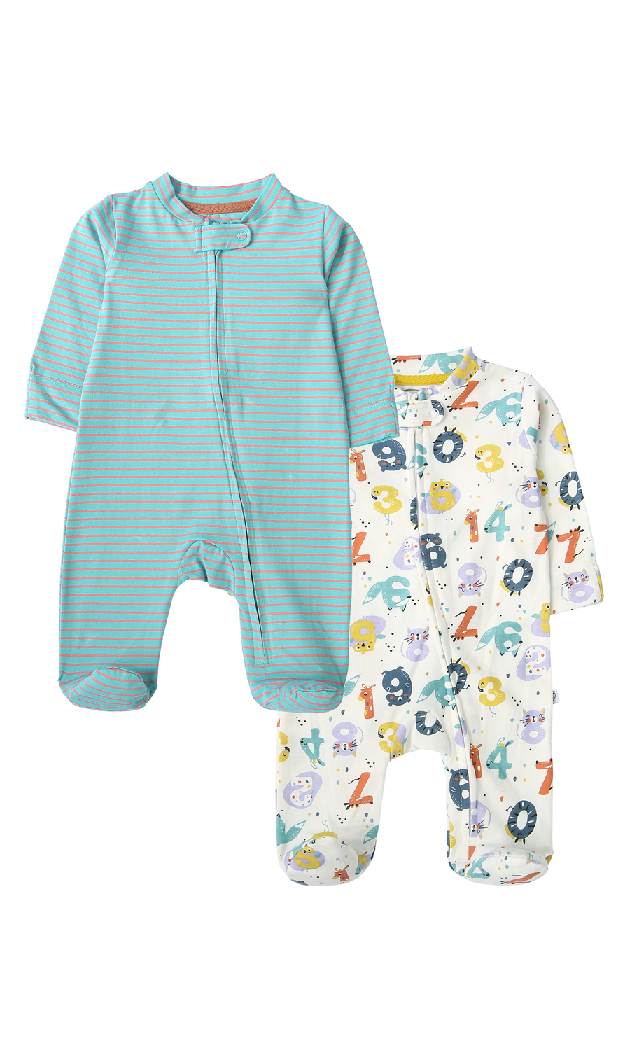 Baby Sleep Suit Pack of 2 White Number Print & Mint Striped