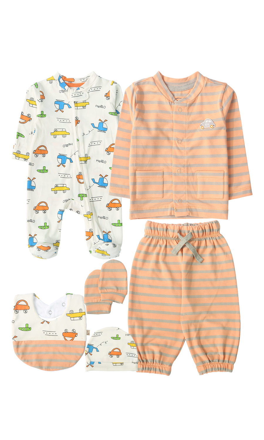Baby Vehicle Print & Striped 6-Piece Gift Set Peach