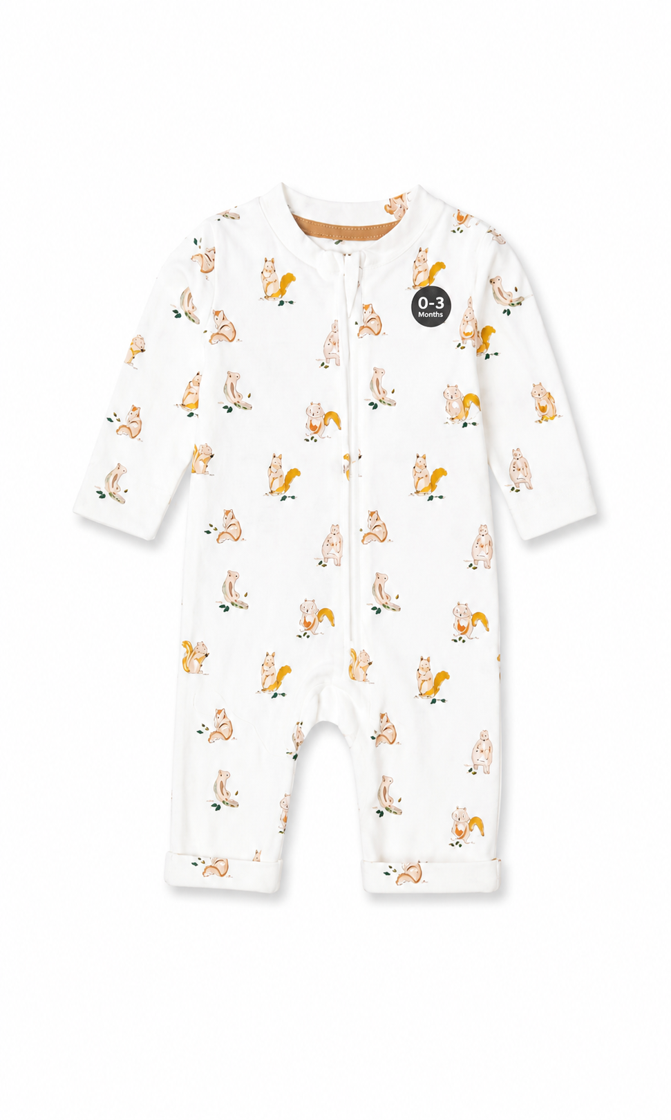 Baby Full-Sleeve Zip Romper Off-White Squirrel Print