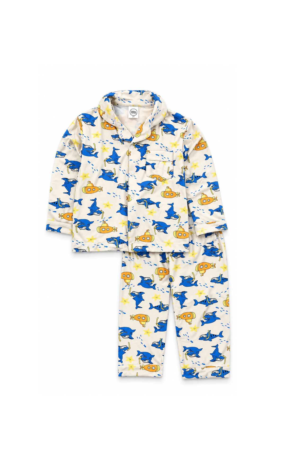 Kids Night Suit Cream Shark & Submarine Print