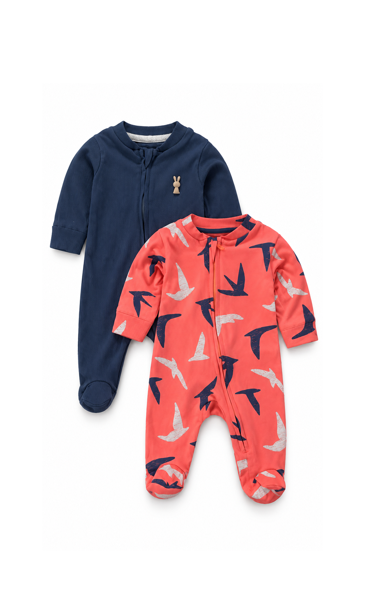 Baby Footed Romper 2-Pack Navy and Coral Bird Print