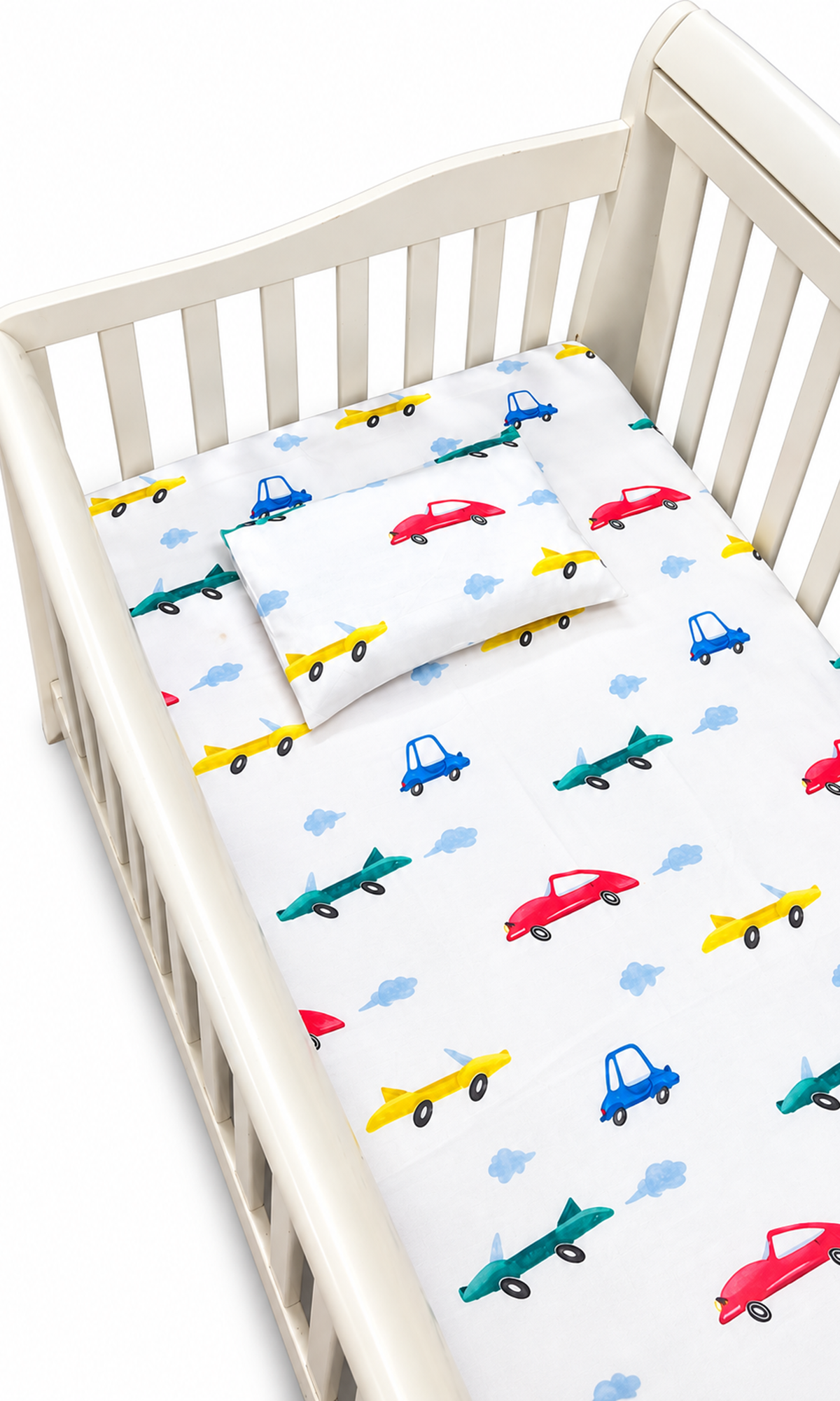 Flat Sheet and Pillow Cover Set White Car Print