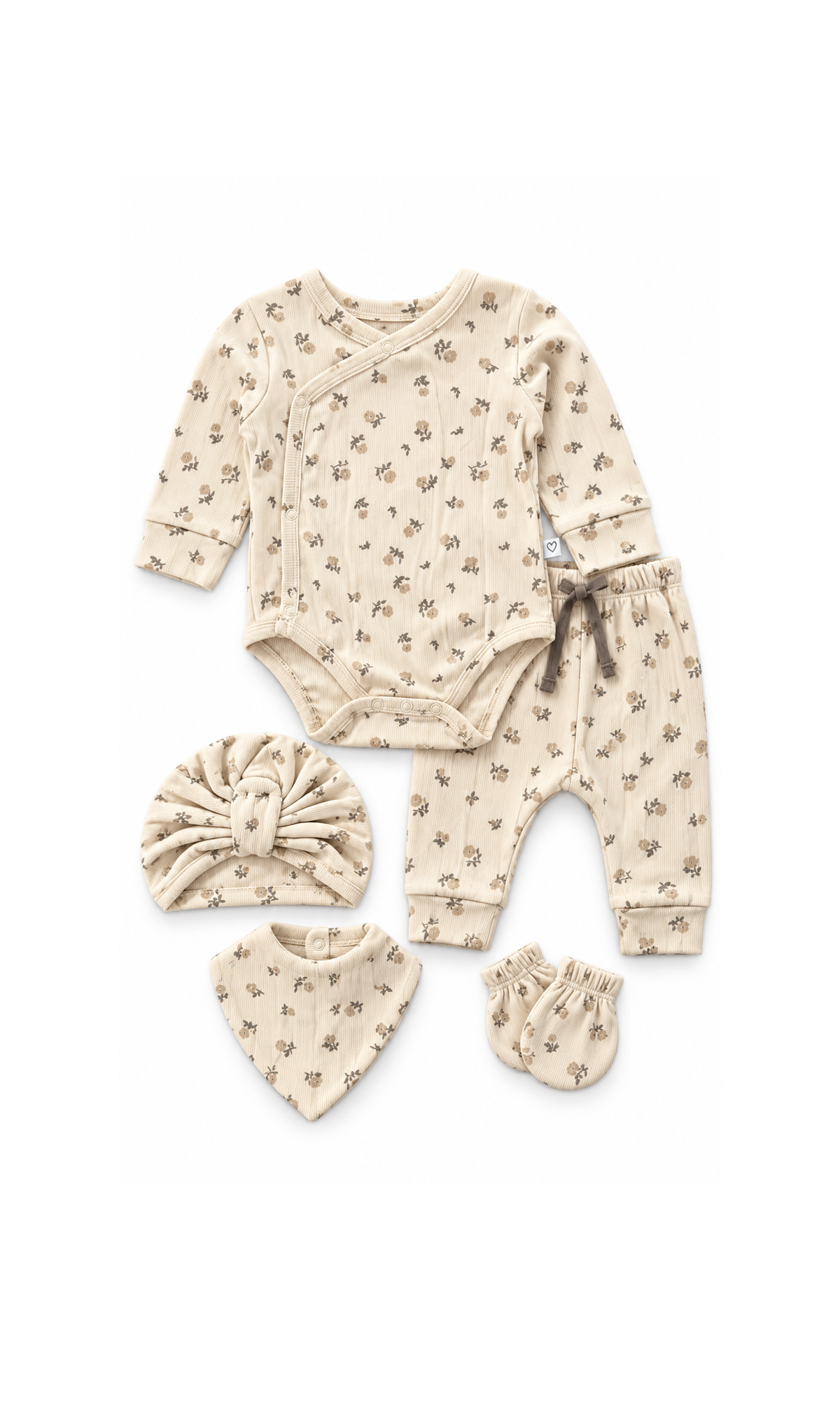 Baby Ribbed Cotton 5-Piece Suit Set Beige Floral Print