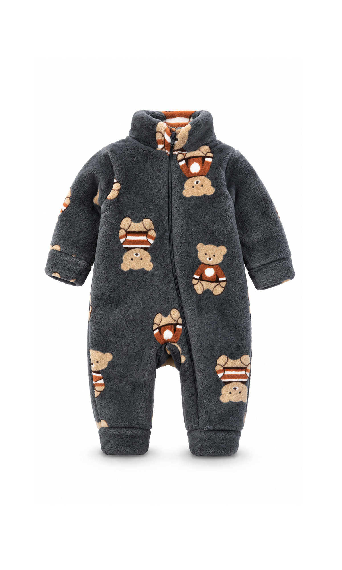 Baby Zip-Up Romper Charcoal Grey Teddy Bear Print