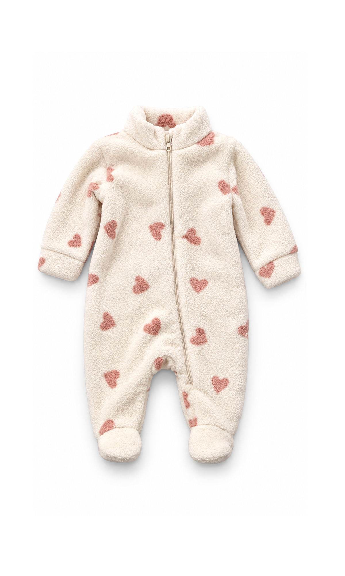 Baby Footed Zip-Up Romper Cream Heart Print