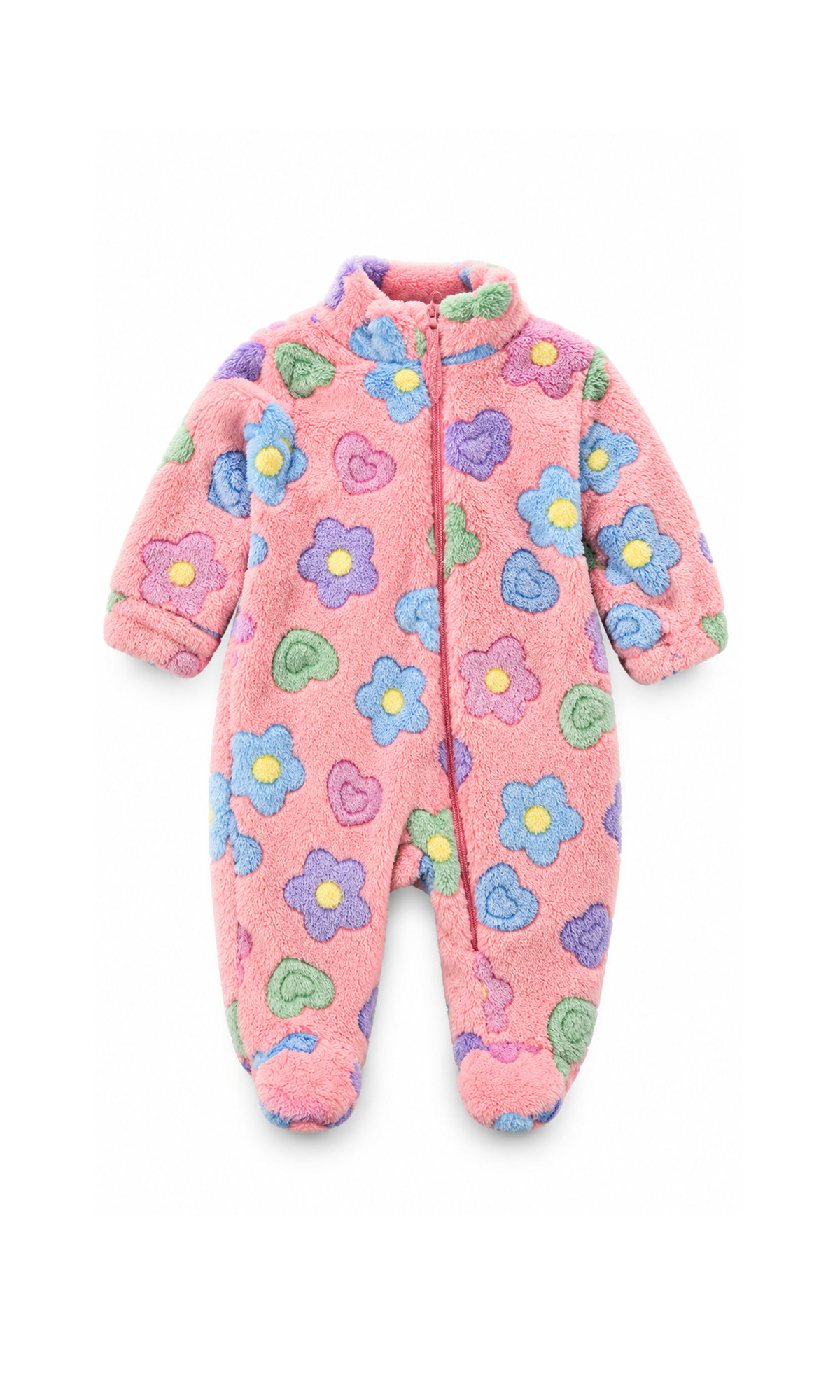 Baby Footed Zip-Up Romper Pink Flower and Heart Print