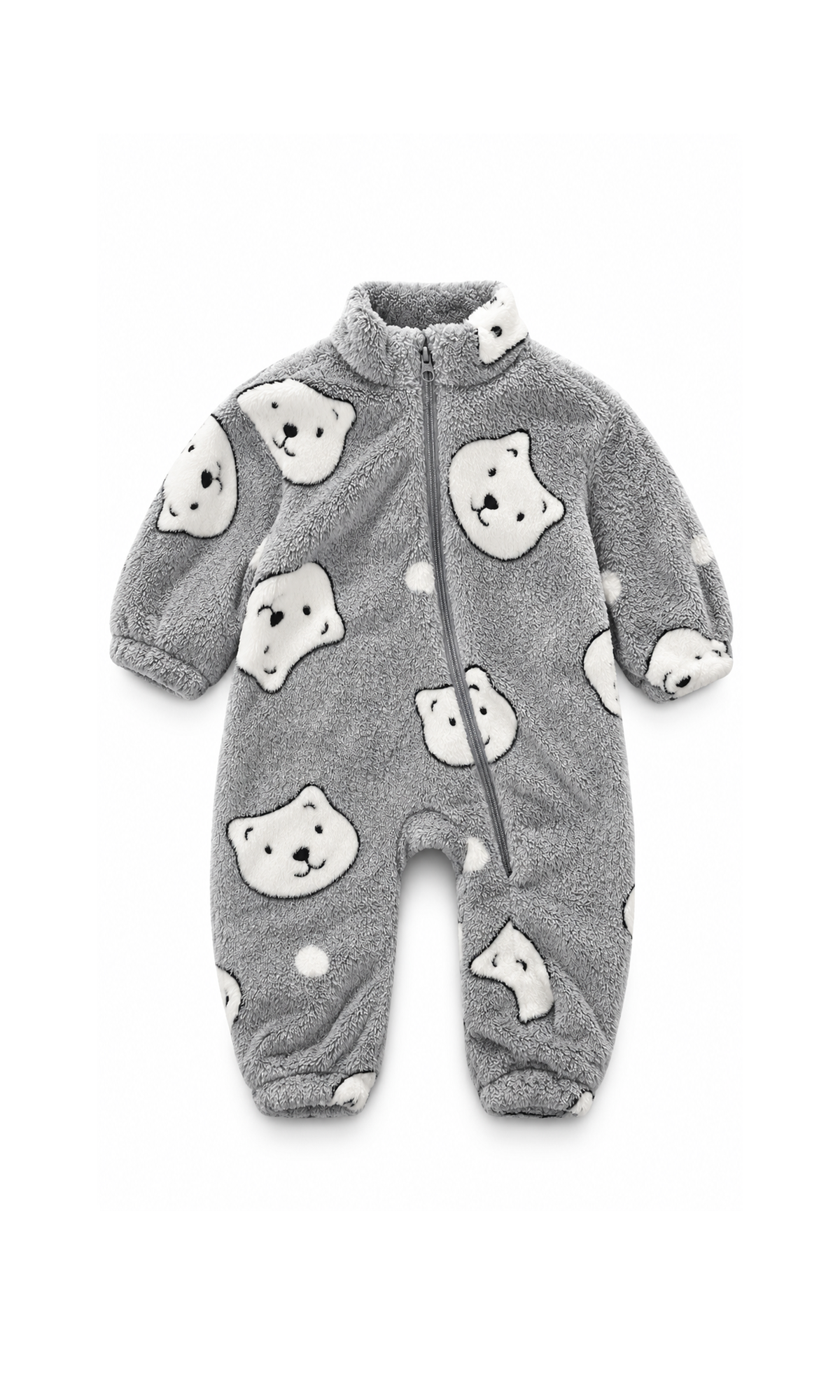 Baby Zip-Up Romper Grey Bear Face Print