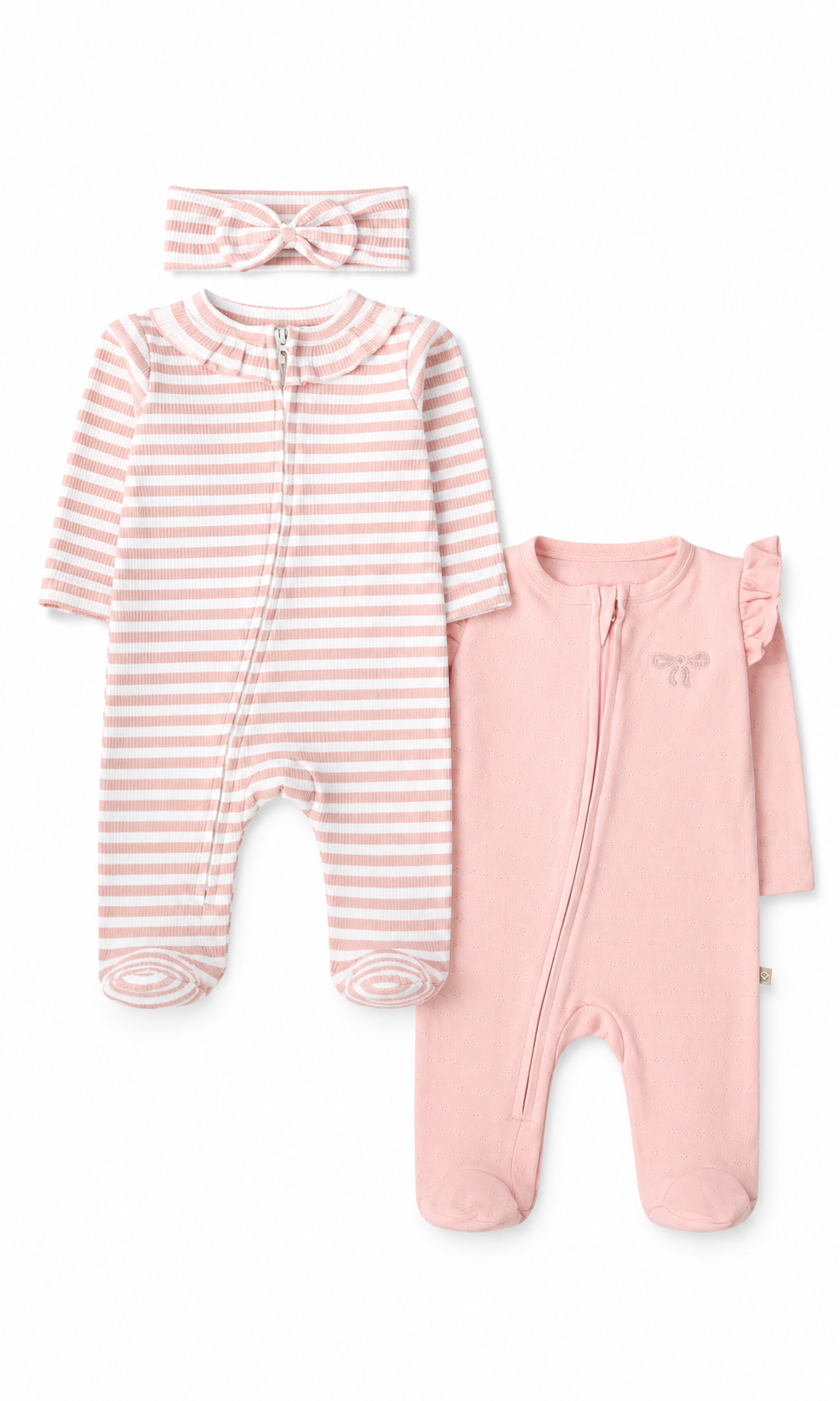 Baby Girls Romper Pack of 2 Pink Grey Striped with Headband