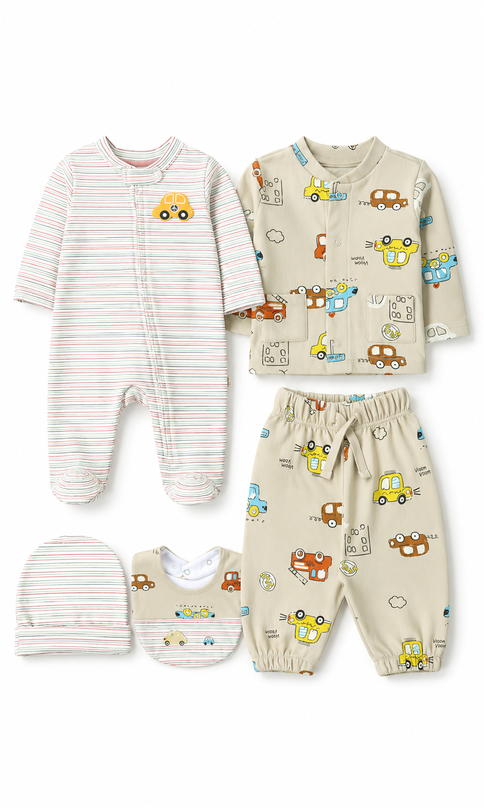 Baby Cartoon Car Print Striped 6-Piece Gift Set Cream White