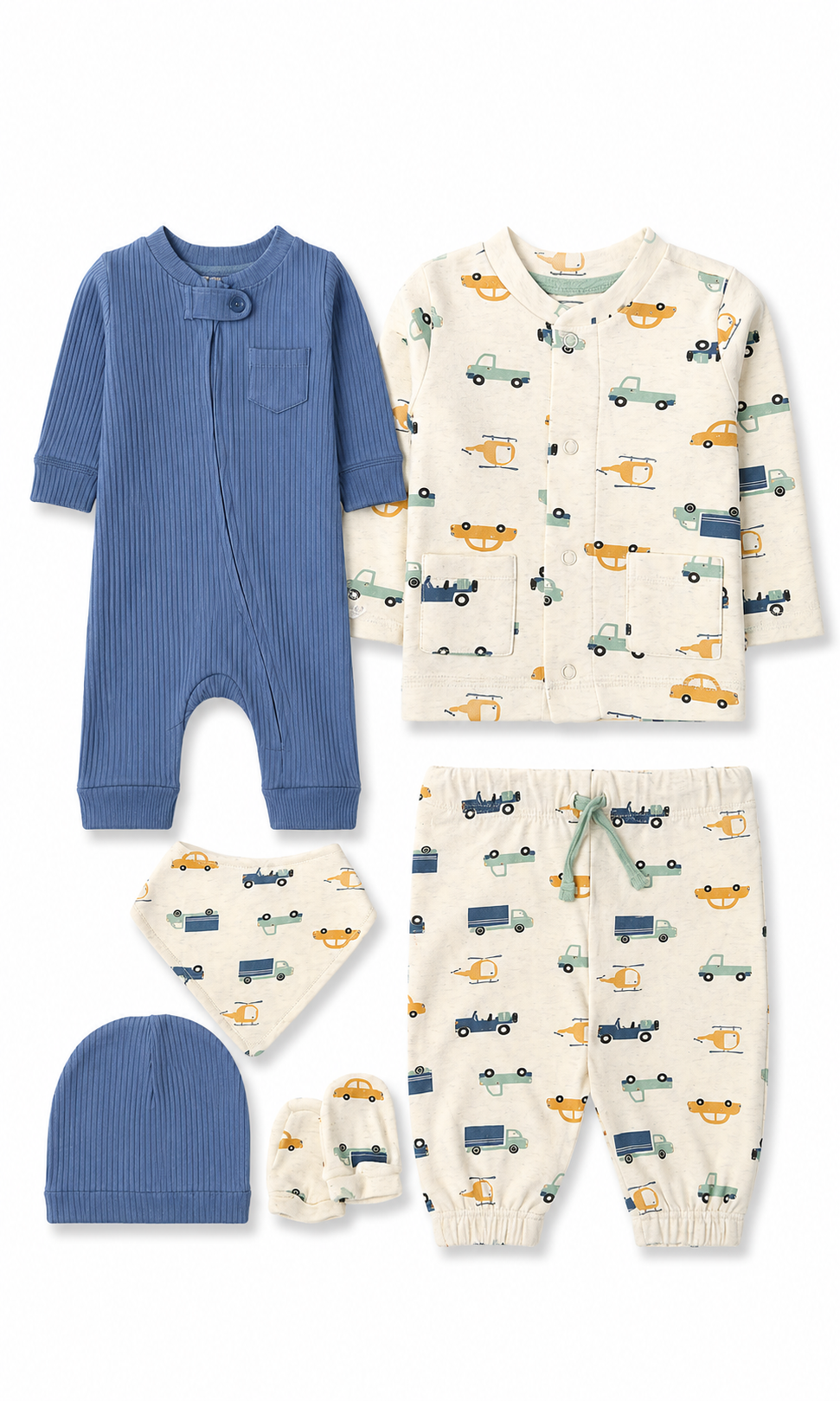 Baby Boys 6-Piece Gift Set Steel Blue Ribbed & Cream Vehicle Print Newborn Layette