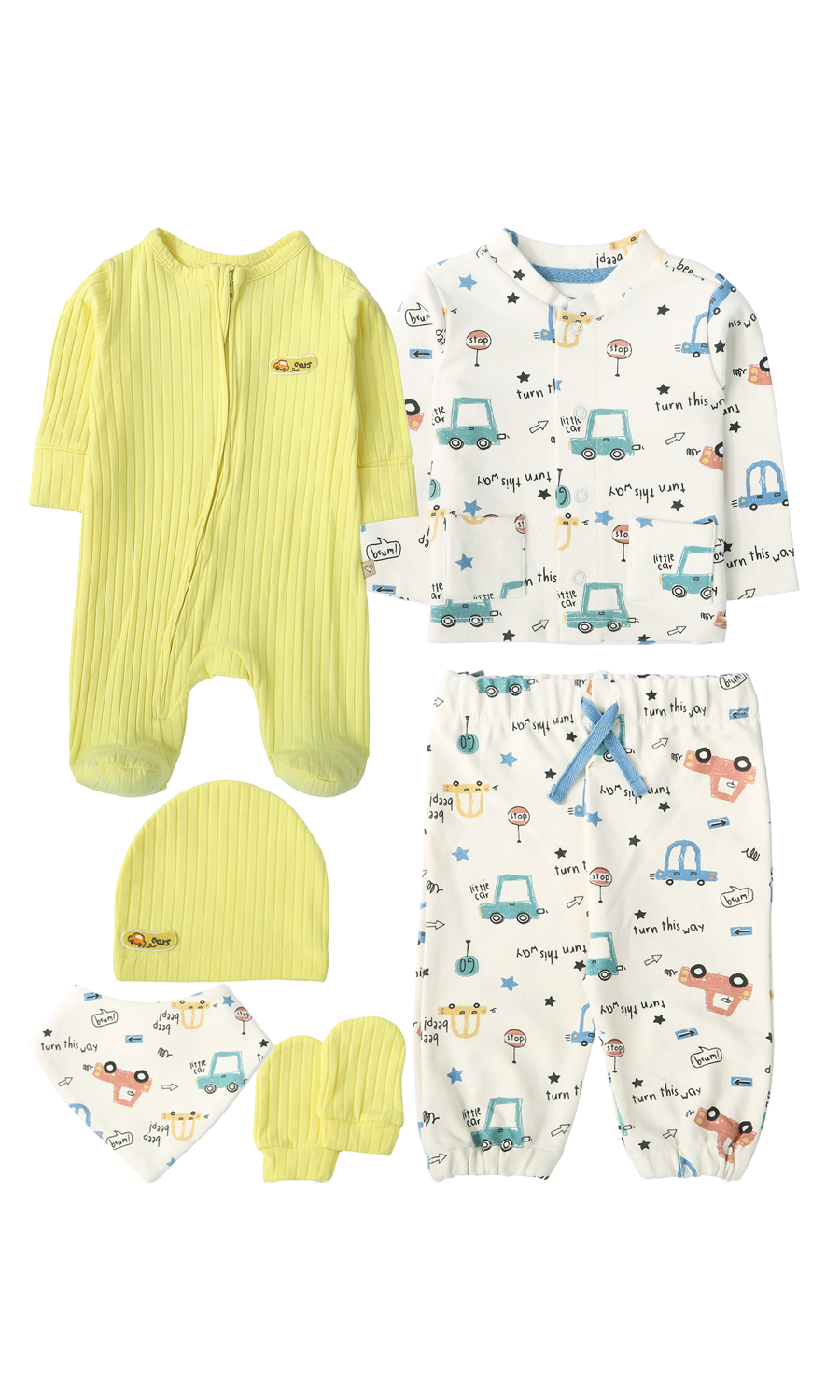 Baby Boys 6-Piece Gift Set Lime Yellow Ribbed & Little Car Print Newborn Layette