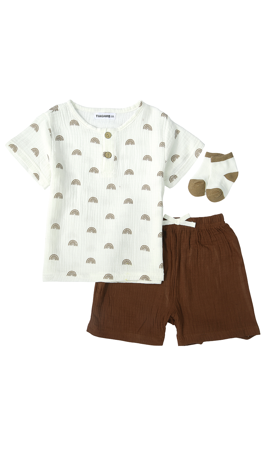Baby Boys Rainbow Print Shirt & Shorts Set With Socks White Chocolate Brown