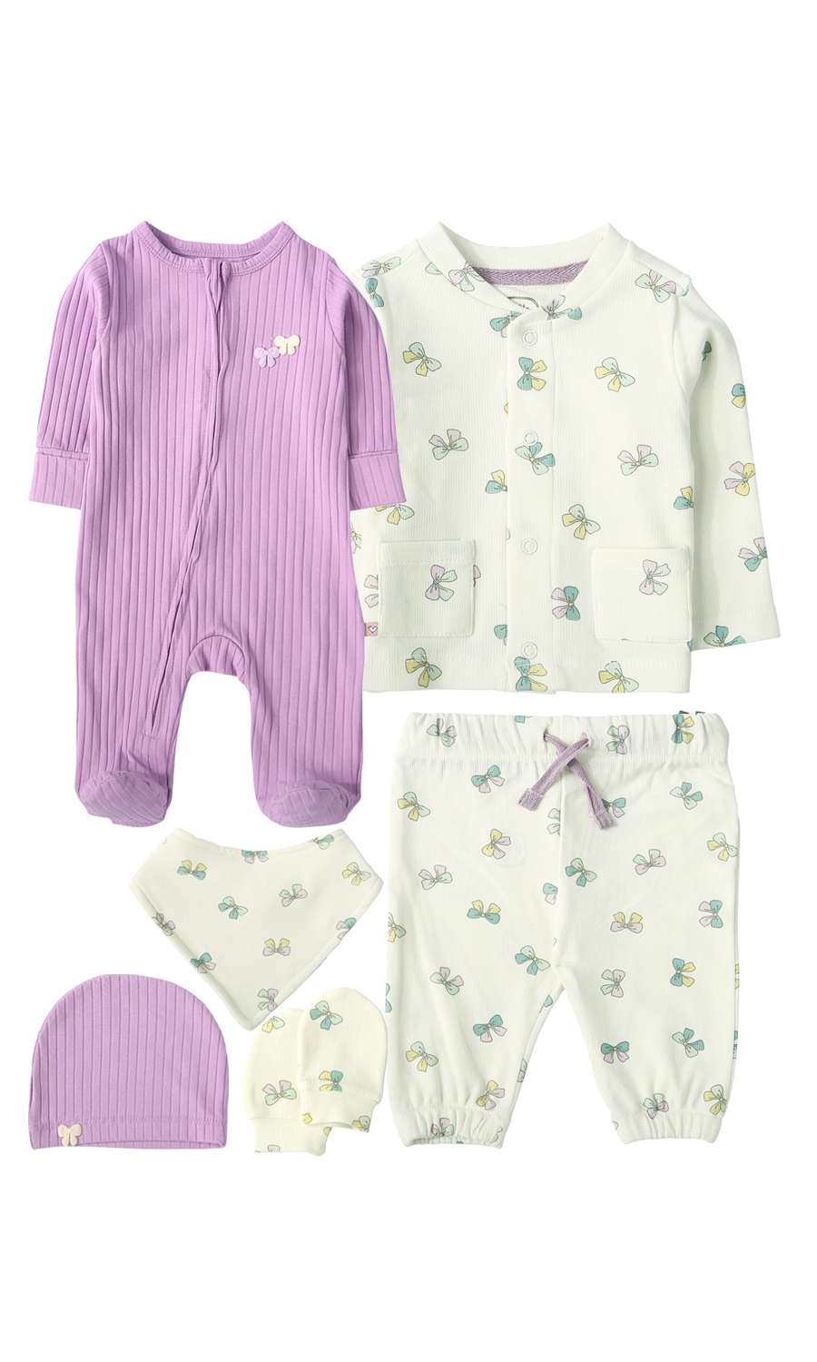 Baby Girls 6-Piece Gift Set Lilac Ribbed & Cream Pastel Bow Print Newborn Layette