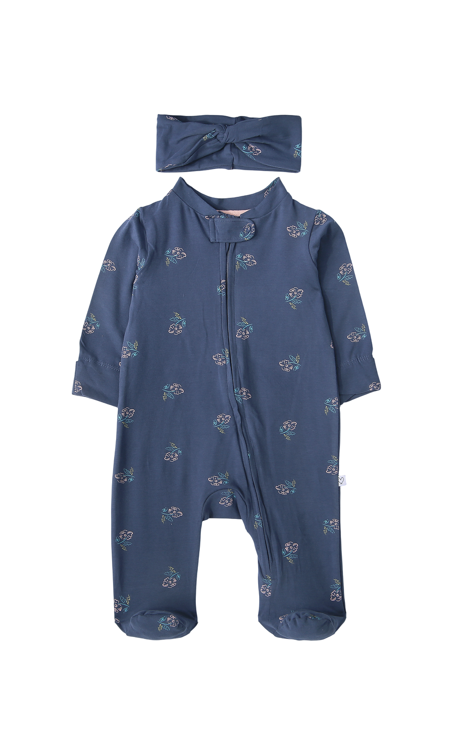 Baby Girls Navy and Pink Floral Footed Romper with Headband Pack of 2