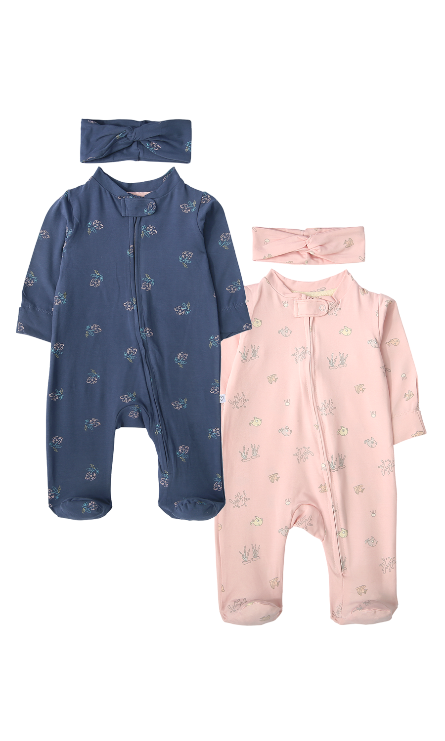 Baby Girls Navy and Pink Floral Footed Romper with Headband Pack of 2