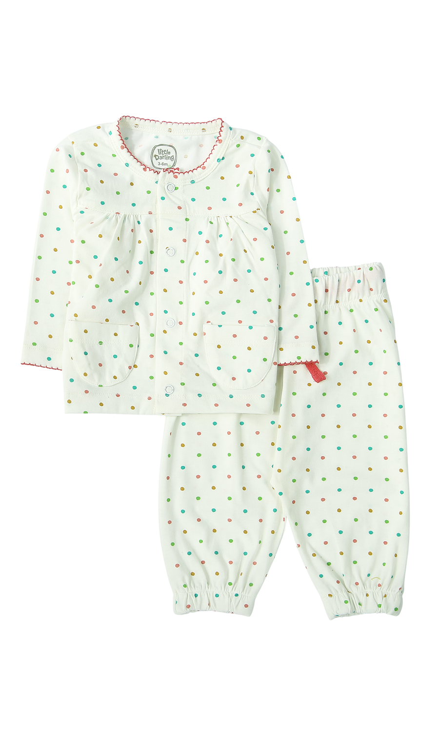 Baby Girls Night Suit White Multicolour Polka Dot Red Trim 2-Piece Pyjama Set
