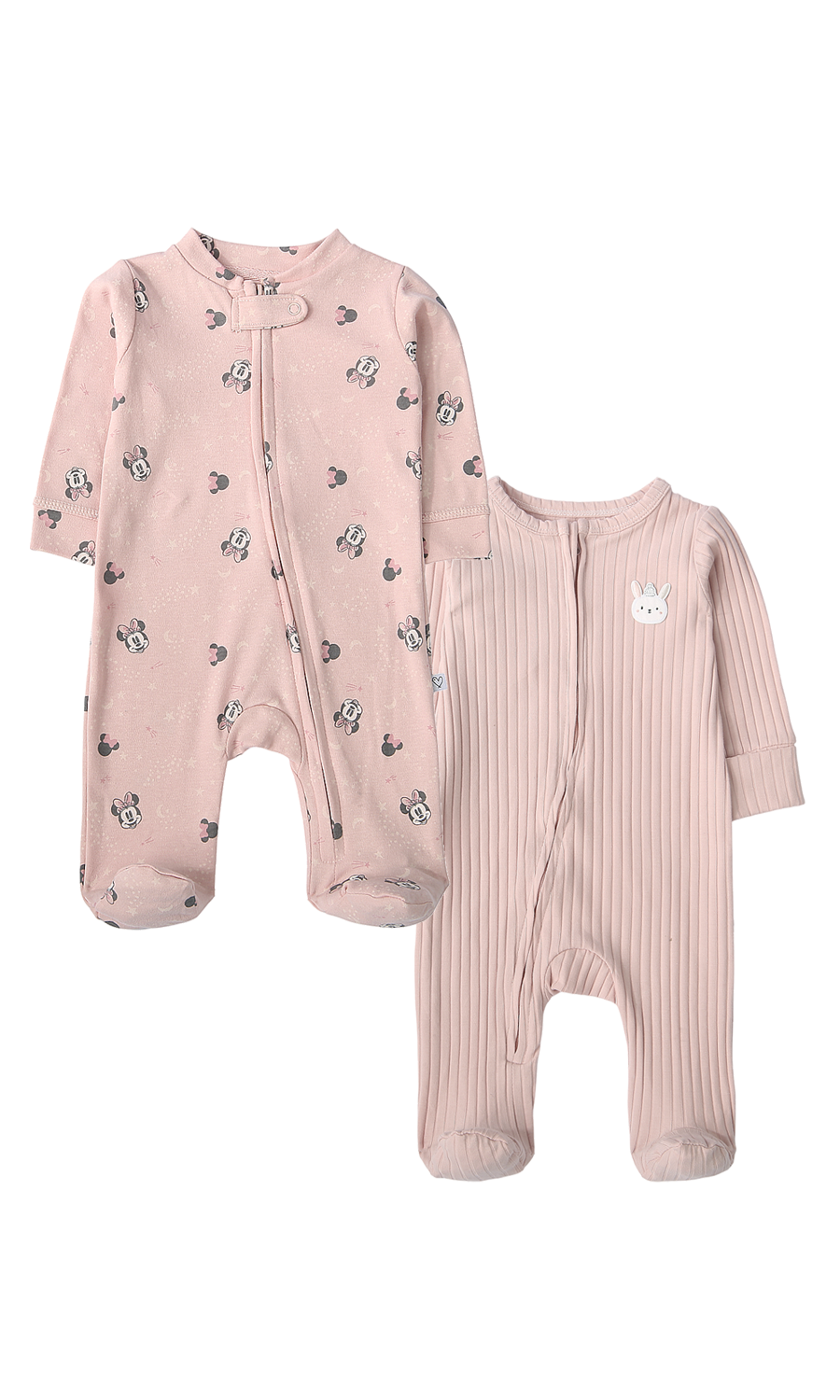 Baby Girls Pink Cartoon Print and Ribbed Footed Romper Pack of 2