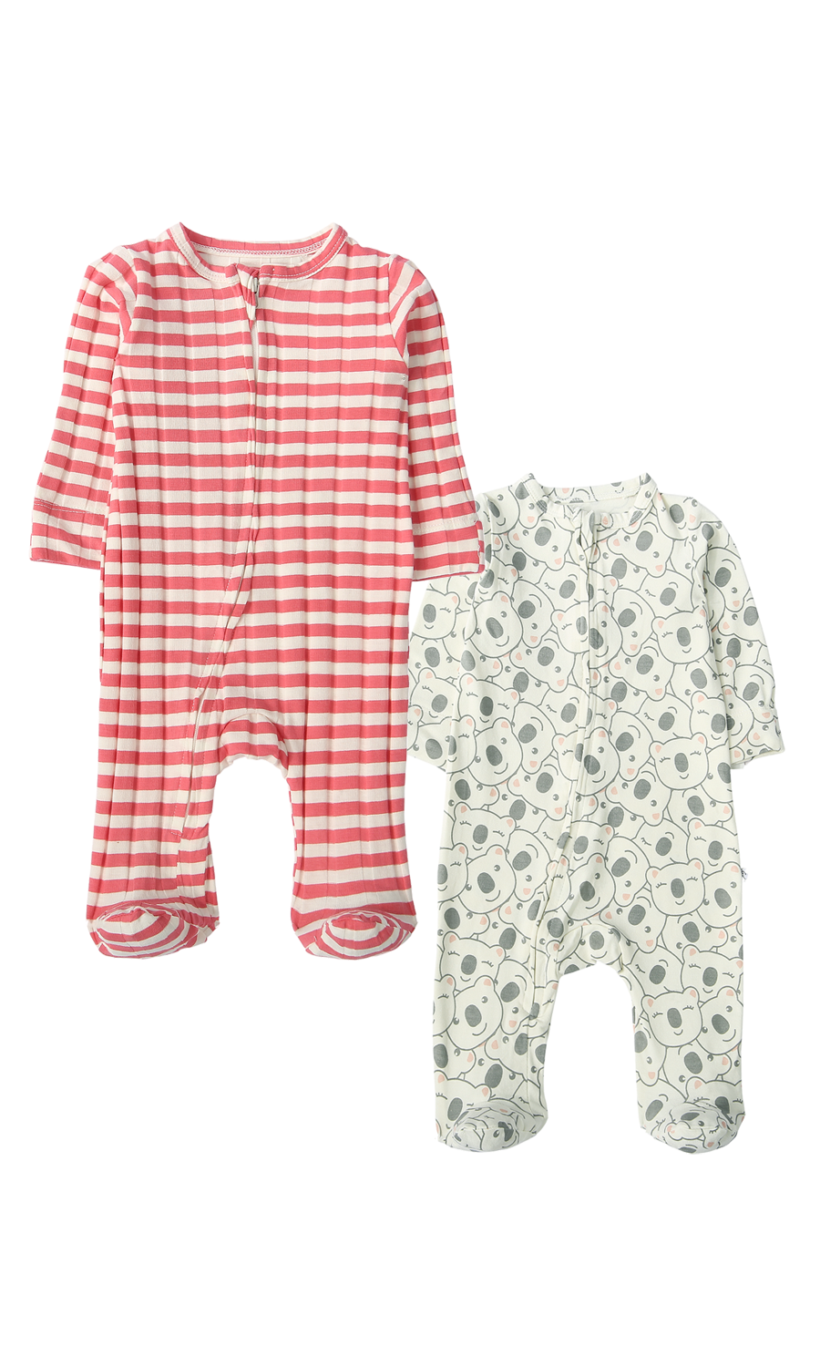 Baby Girls Pink Stripe and White Koala Print Footed Romper Pack of 2