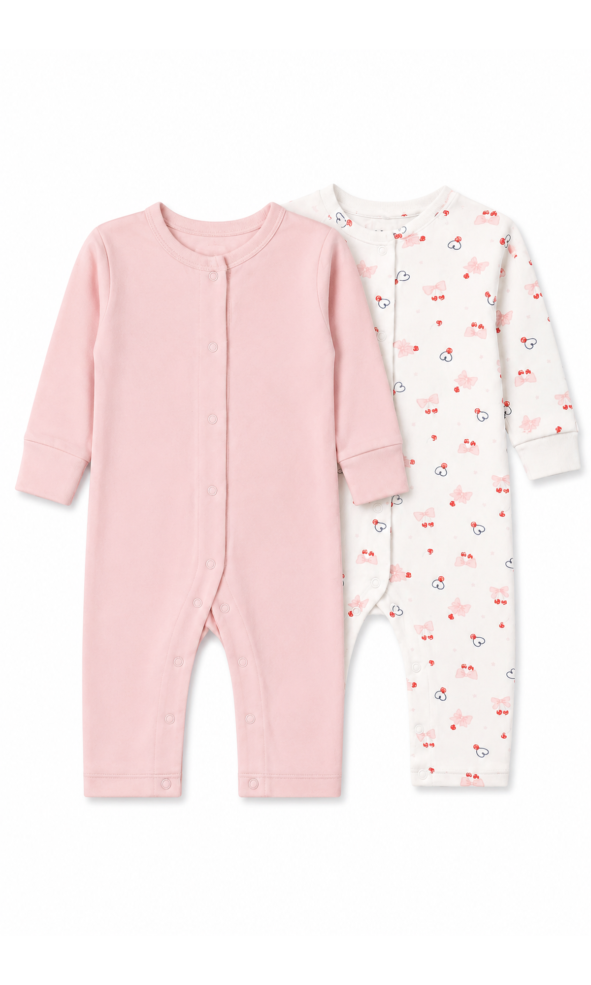 Baby Romper Pack of 2 Pink Solid White Cherry Hearts Print