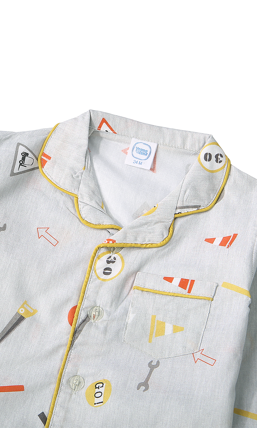 Boys Night Suit Grey Construction Road Signs Tools Print Yellow Piping 2-Piece Pyjama Set