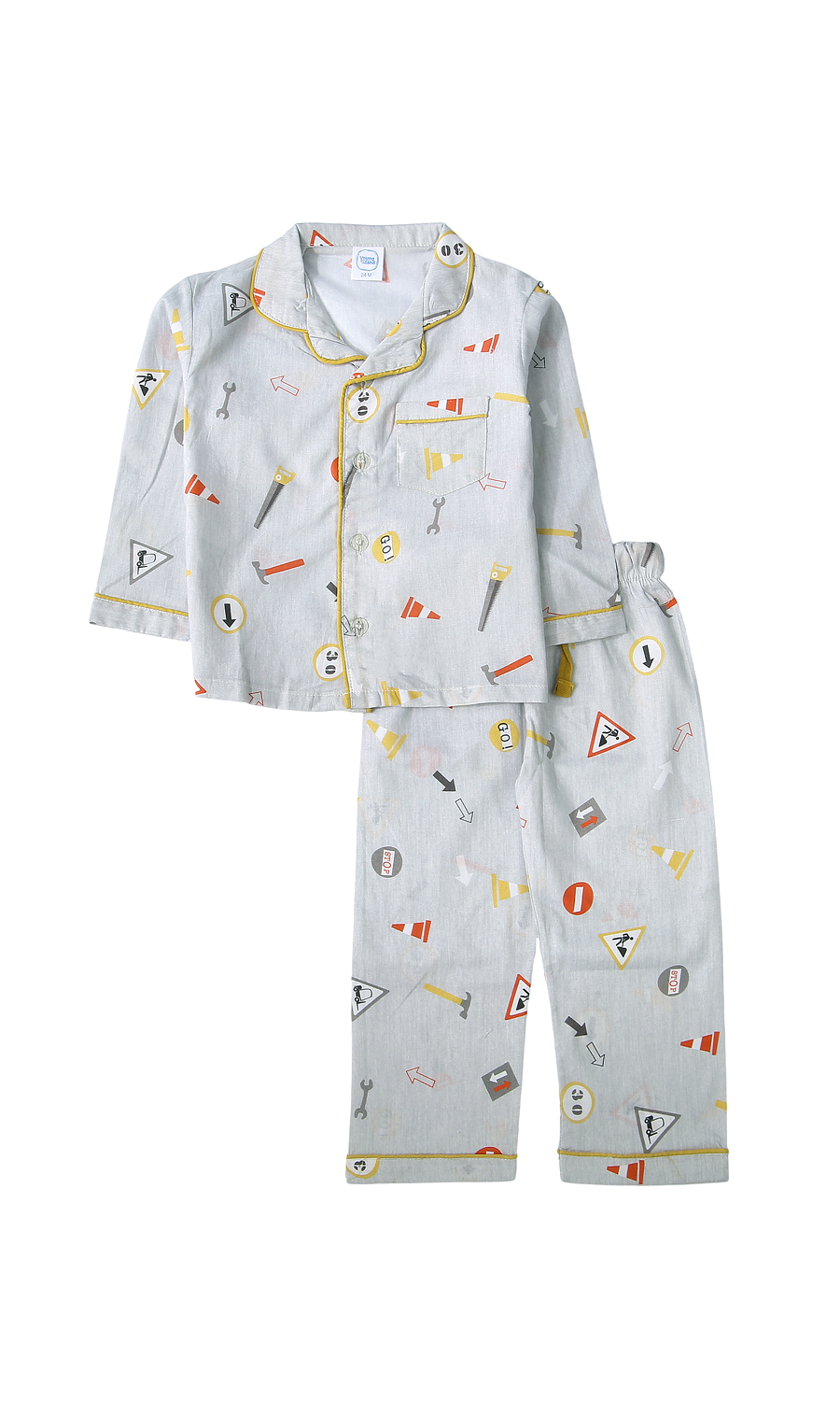 Boys Night Suit Grey Construction Road Signs Tools Print Yellow Piping 2-Piece Pyjama Set