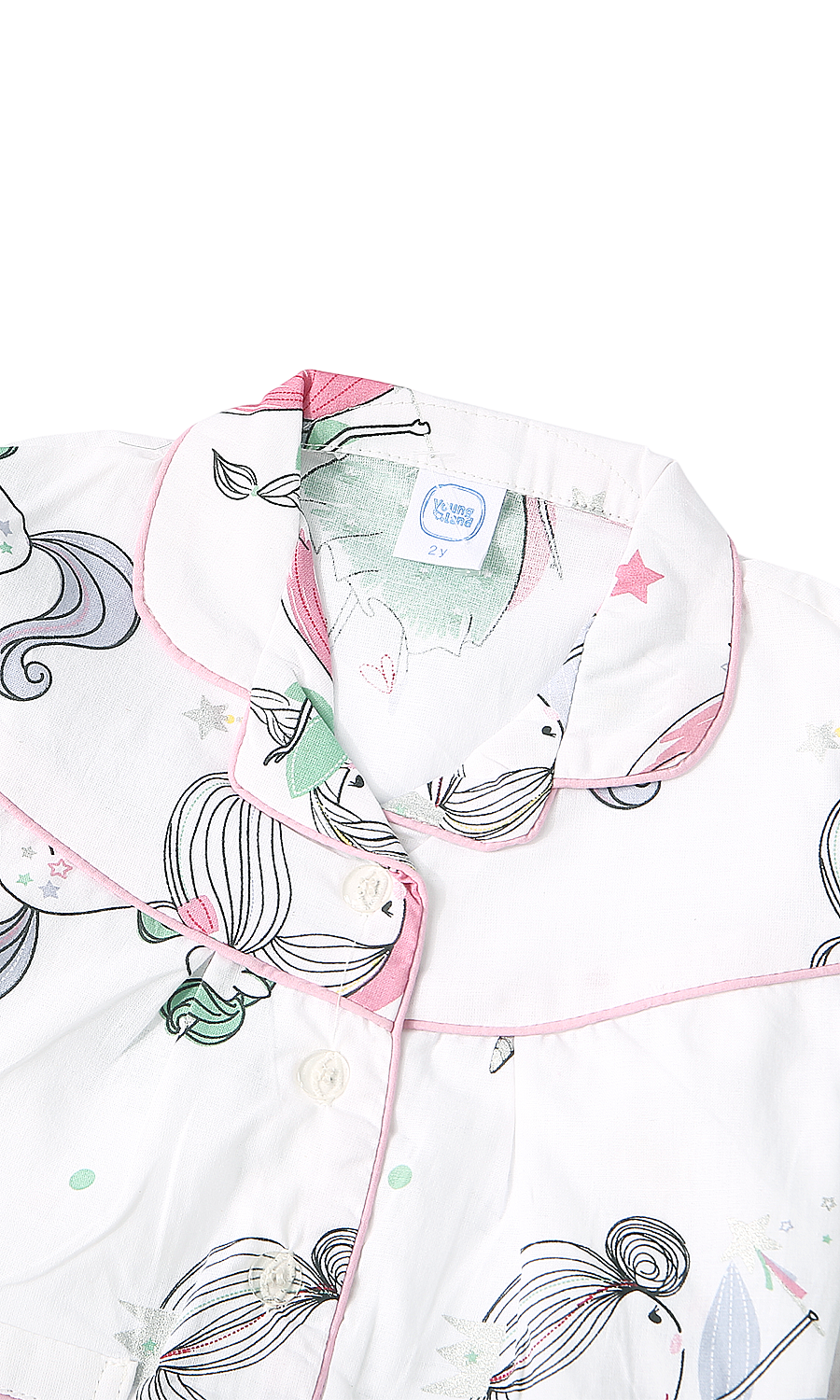 Girls Night Suit White Ballerina Fairy Print Pink Piping 2-Piece Pyjama Set