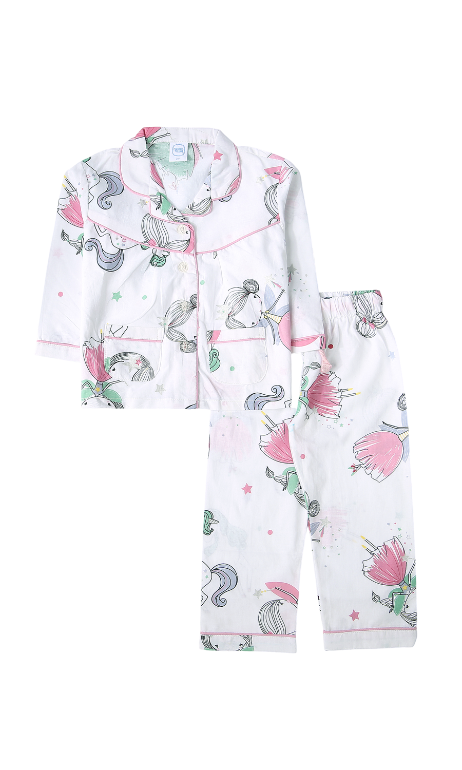 Girls Night Suit White Ballerina Fairy Print Pink Piping 2-Piece Pyjama Set