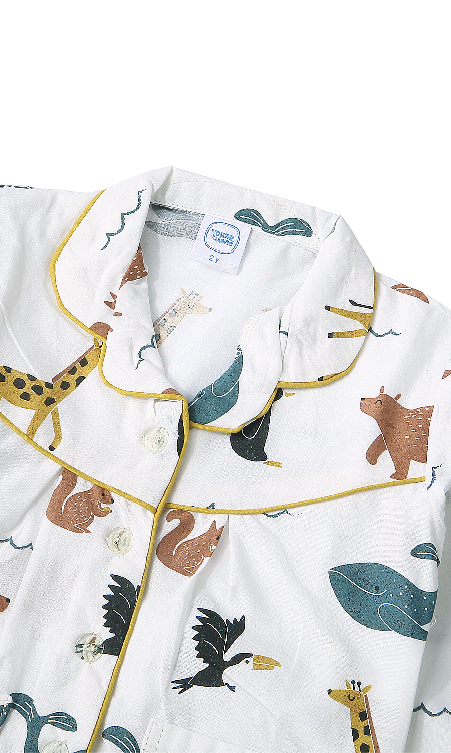 Girls Night Suit White Wild Animal Kingdom Print Olive Piping 2-Piece Pyjama Set