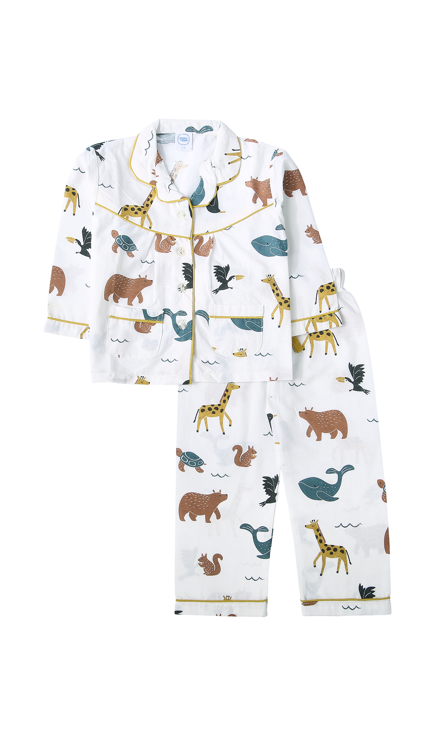 Girls Night Suit White Wild Animal Kingdom Print Olive Piping 2-Piece Pyjama Set