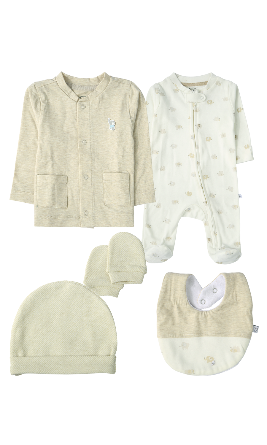 Baby Cotton Gift Set Beige Elephant Print — 6 Piece Newborn Set