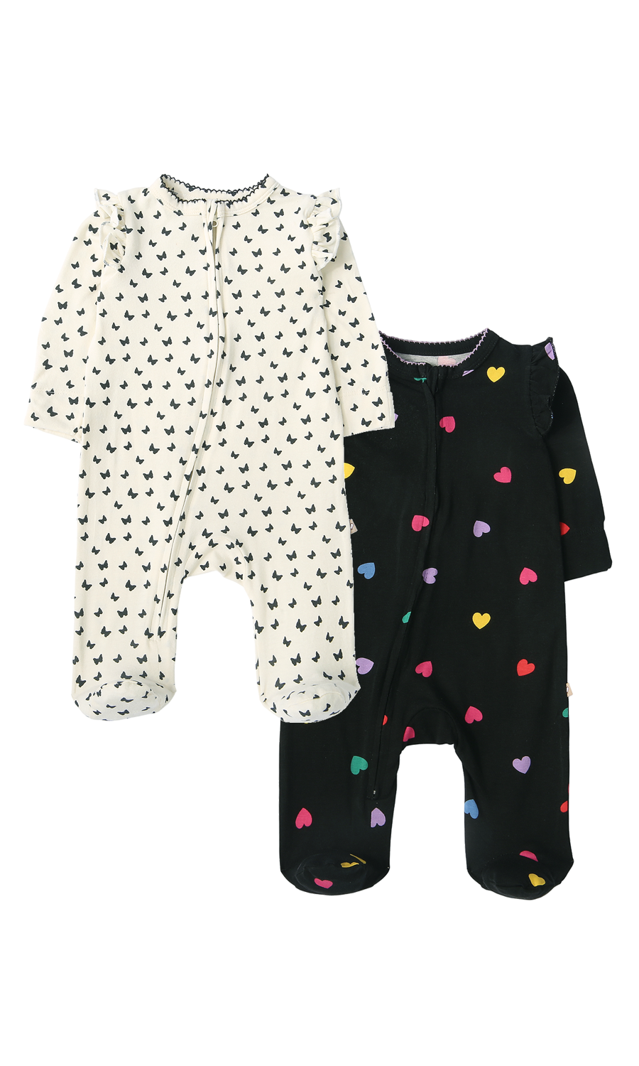 Baby Girl Cotton Romper Pack of 2 — Black Heart Print & Cream Butterfly Print