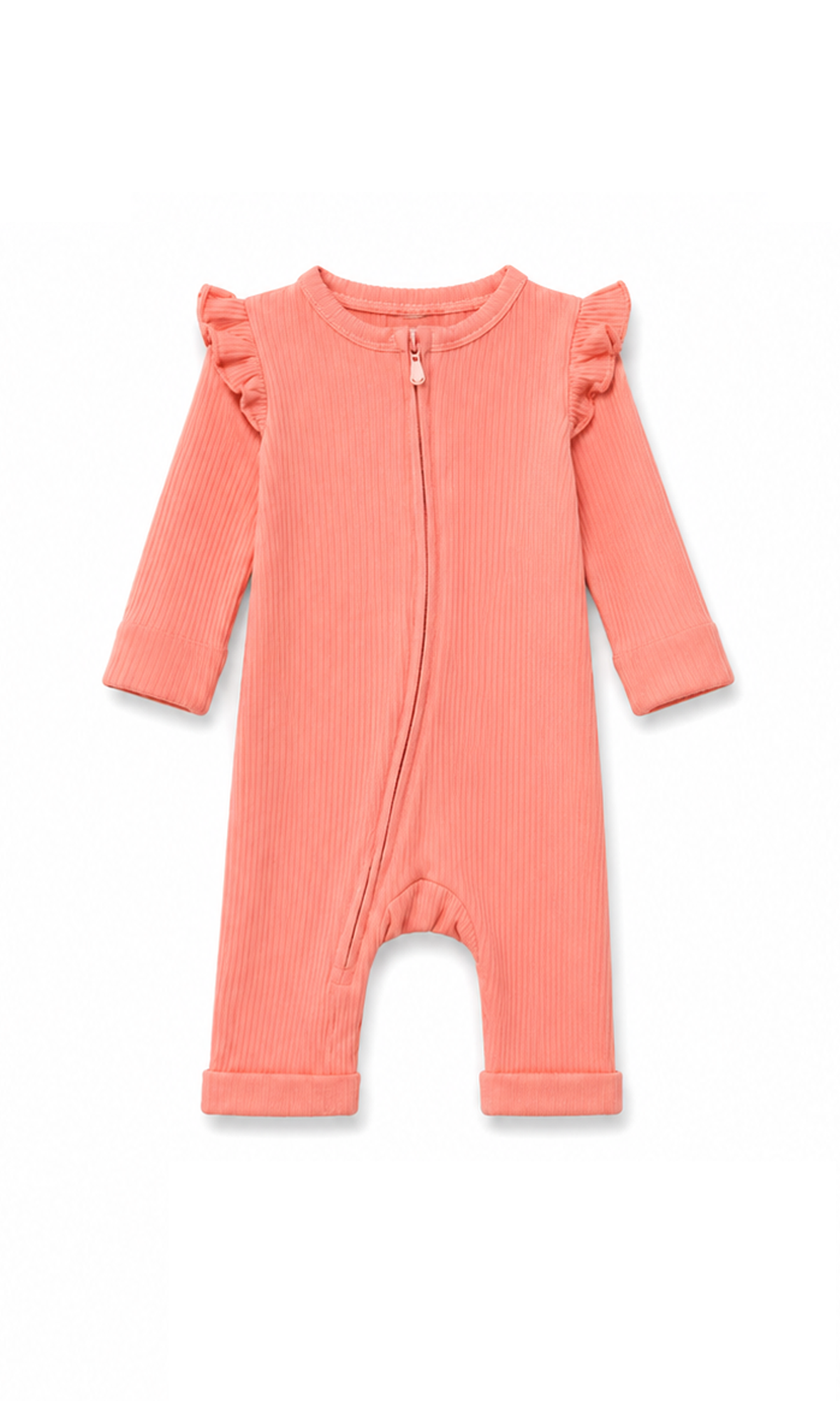 Baby Full-Sleeve Zip Romper Coral Pink Ribbed