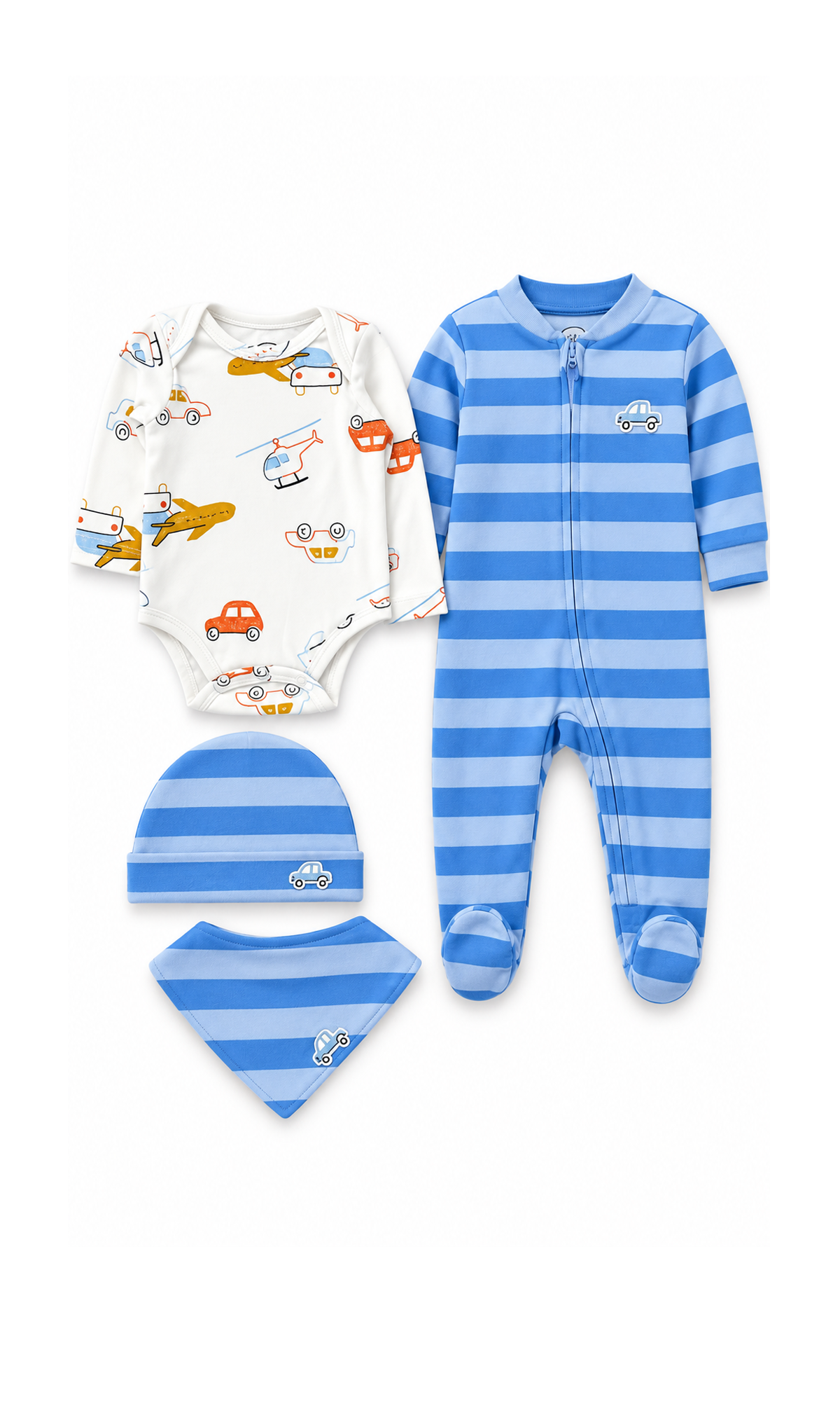 Newborn Baby Gift Set Blue & White Striped Vehicle Print