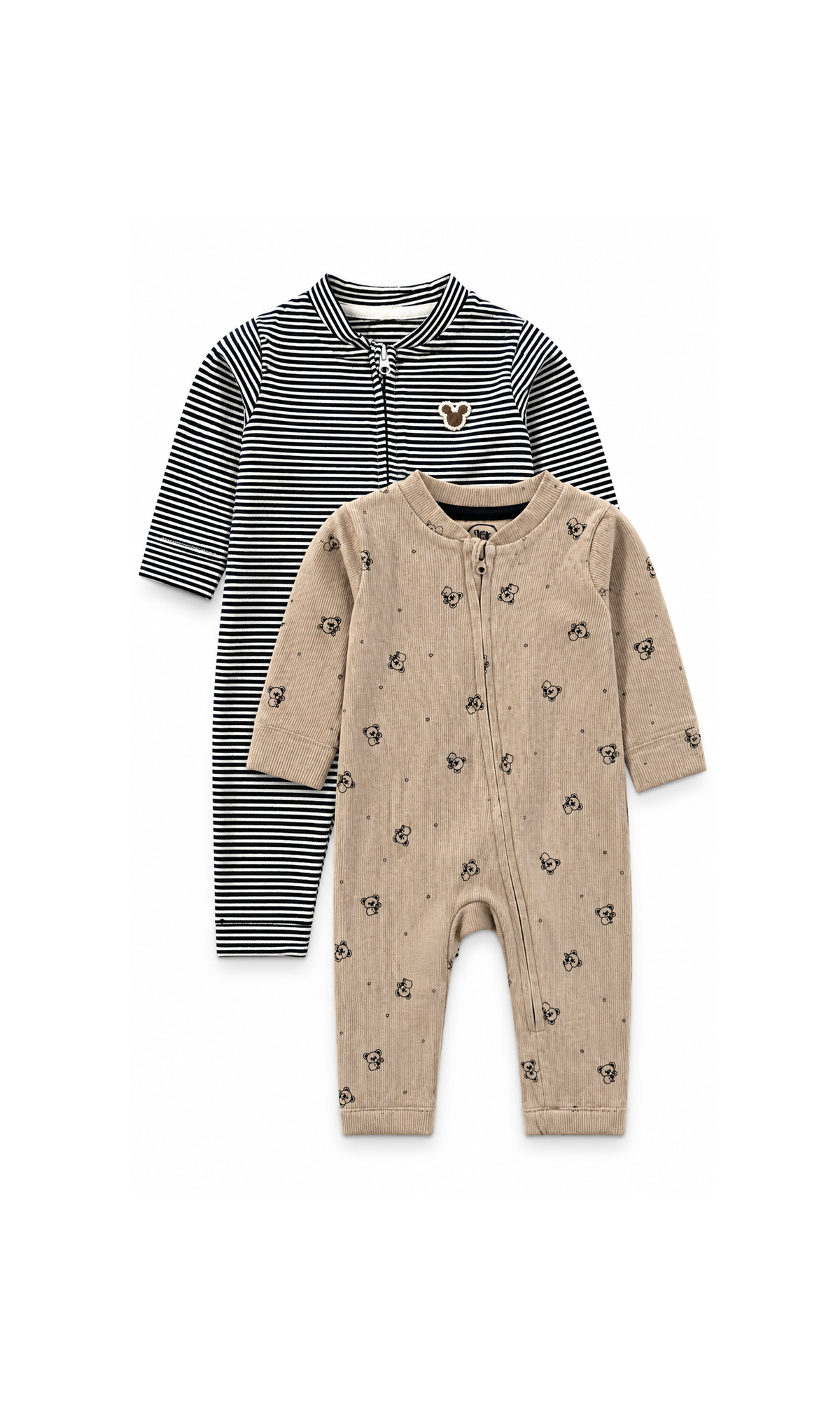 Baby Rompers Black & White Striped and Beige Bear Print Pack of 2