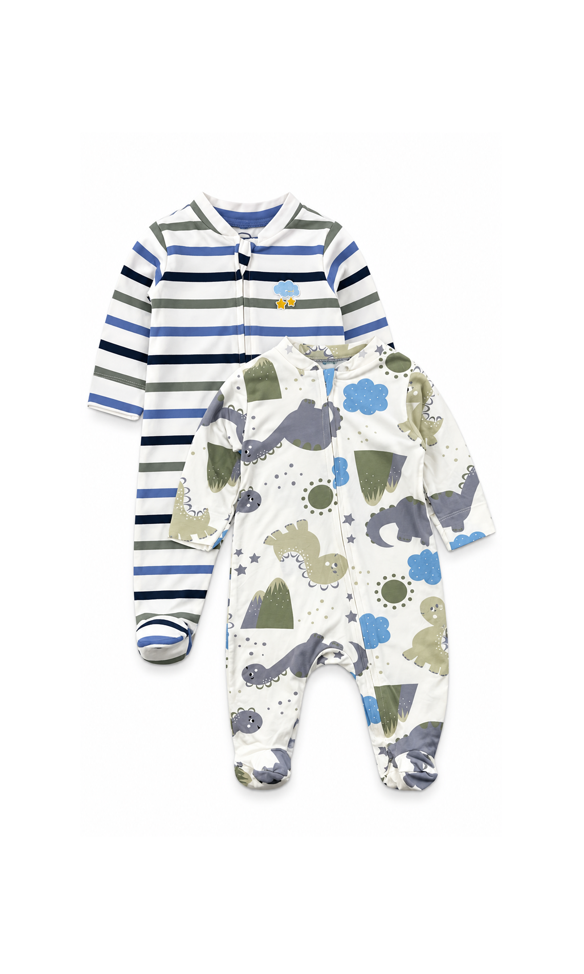 Baby Footed Rompers Multicolour Striped & Dinosaur Print Pack of 2