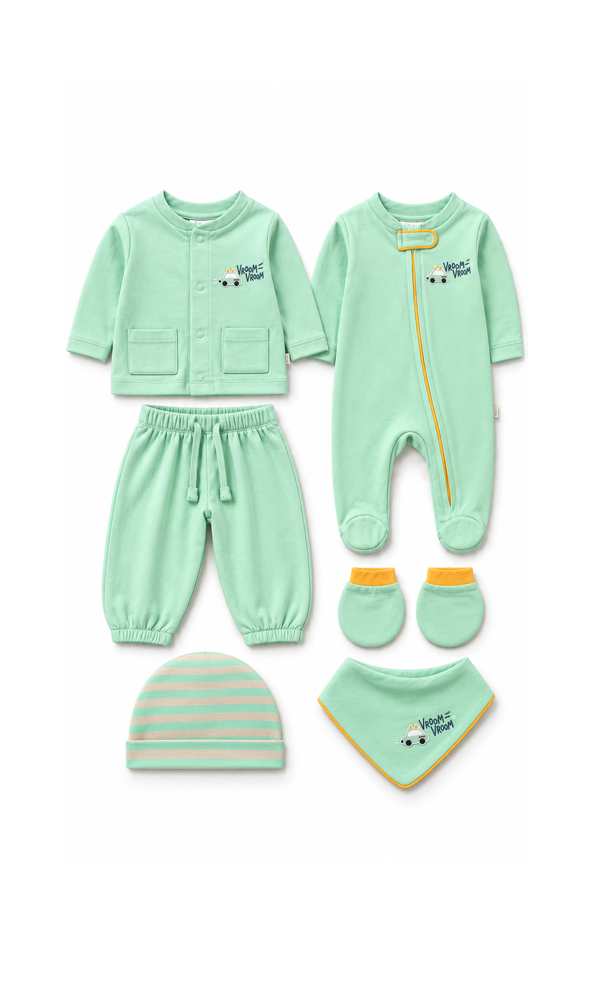Newborn Baby Gift Set Mint Green Car Motif & Striped Cap