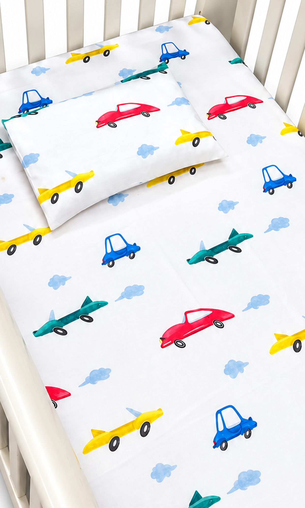 Flat Sheet and Pillow Cover Set White Car Print