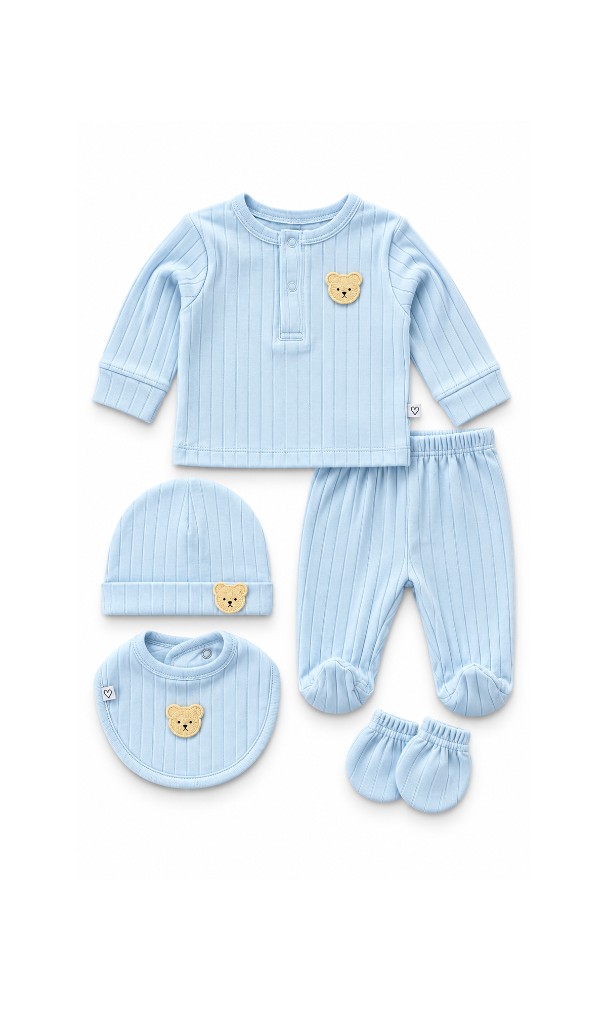 Baby Ribbed Cotton 5-Piece Suit Set Blue Teddy Bear Patch