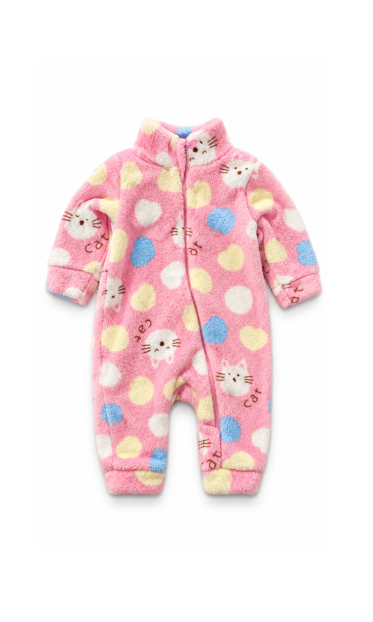Baby Girls Fleece Romper Pink Cat Print