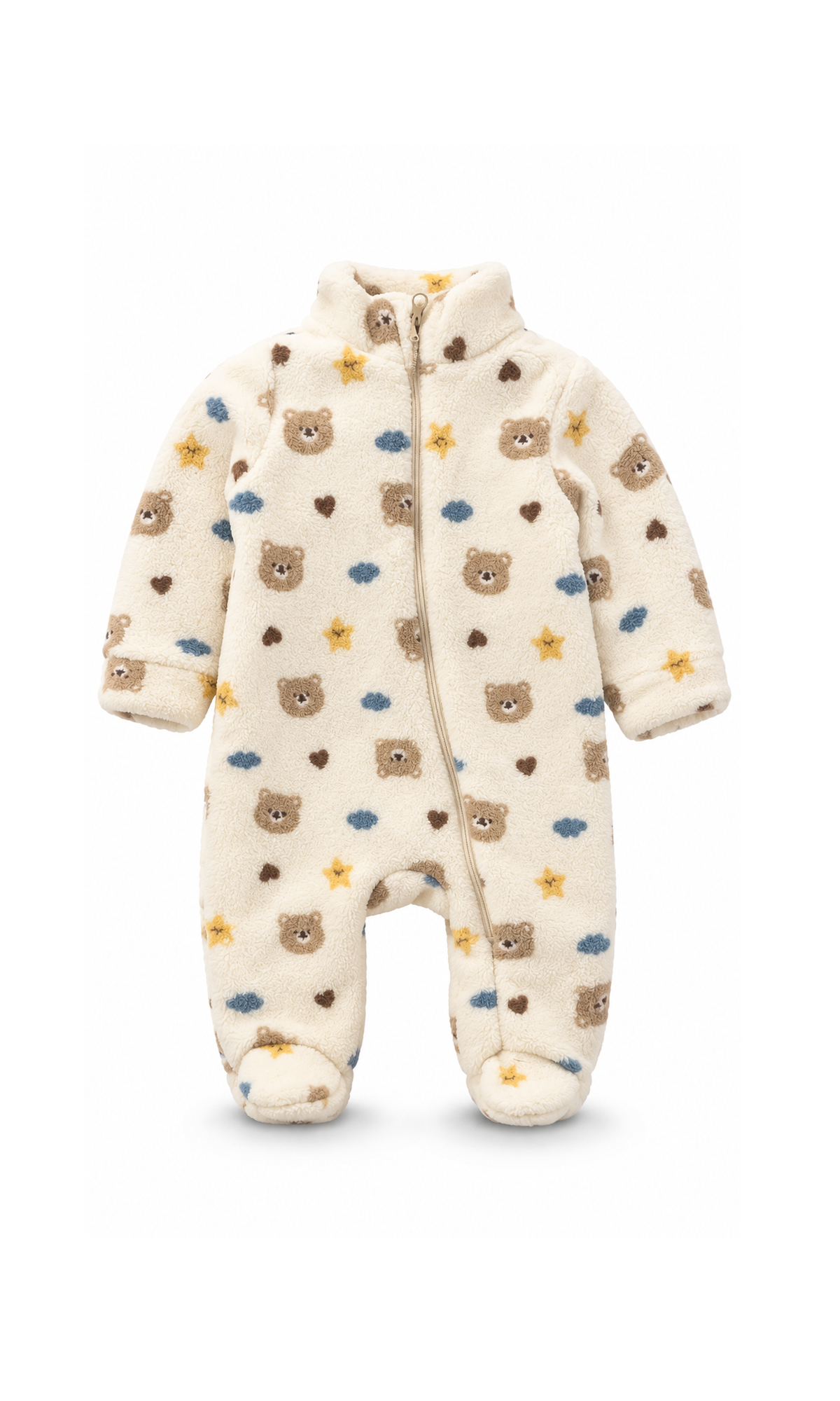 Baby Footed Zip-Up Romper Cream Bear and Star Print