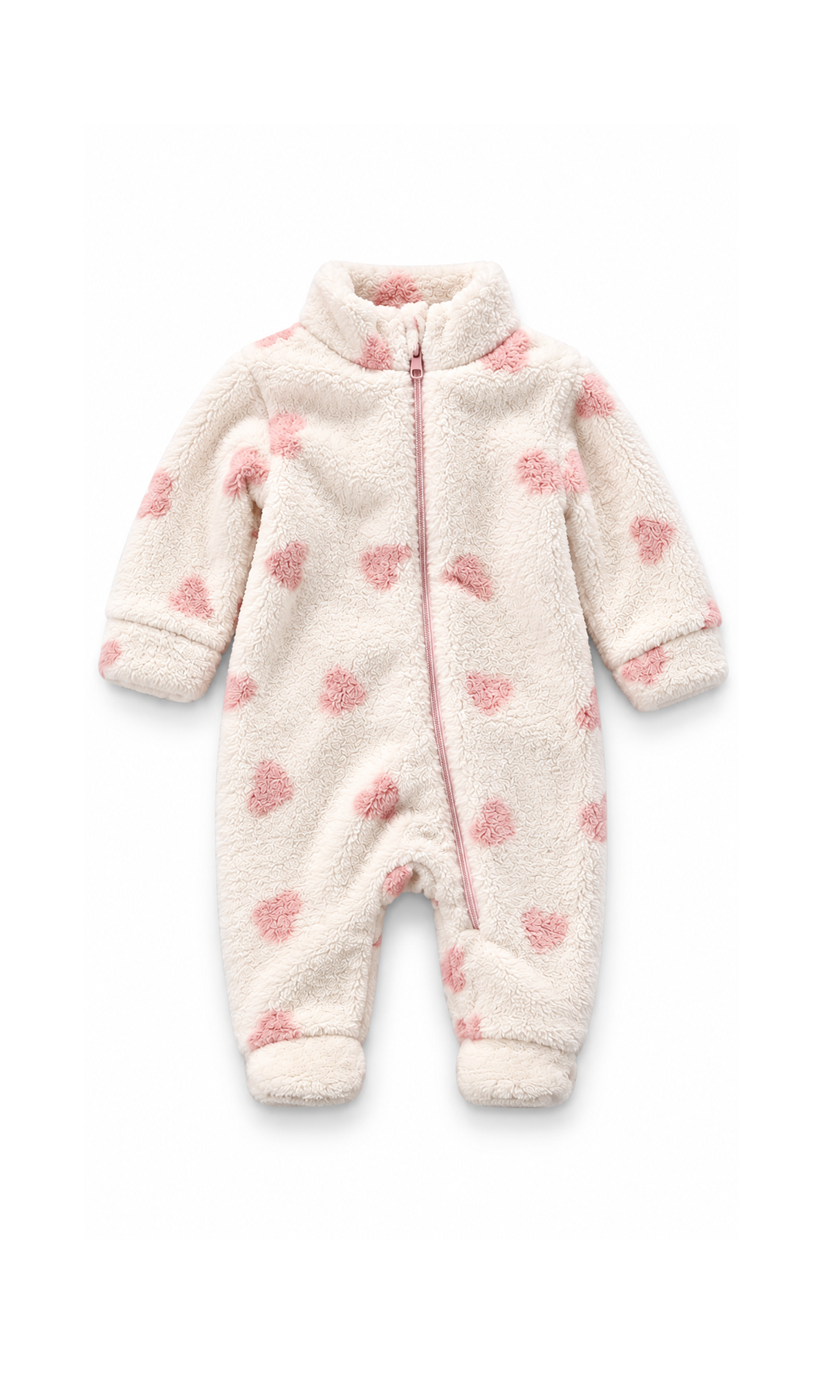 Baby Footed Romper Cream Heart Print with Pink Zip