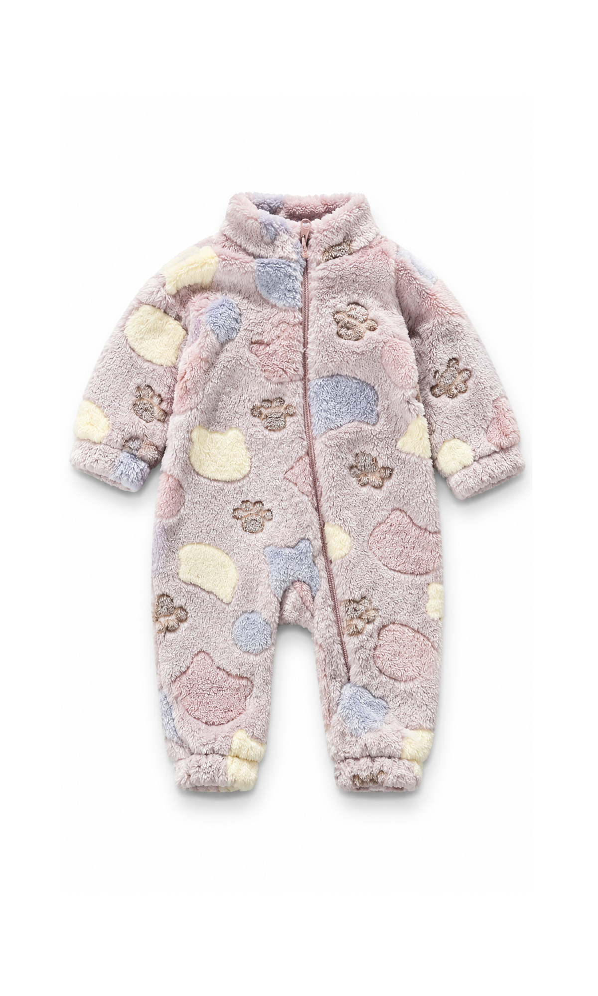 Baby Zip-Up Romper Purple Cat and Paw Print