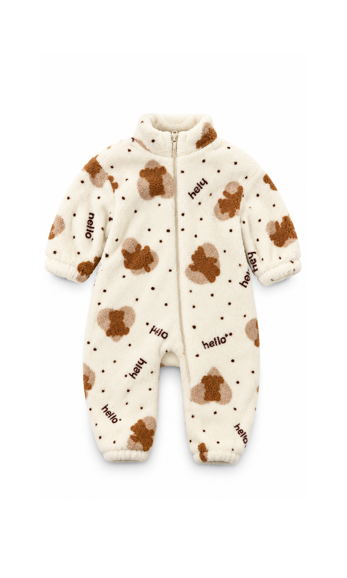 Baby Zip-Up Romper Cream Hello Teddy Bear Print