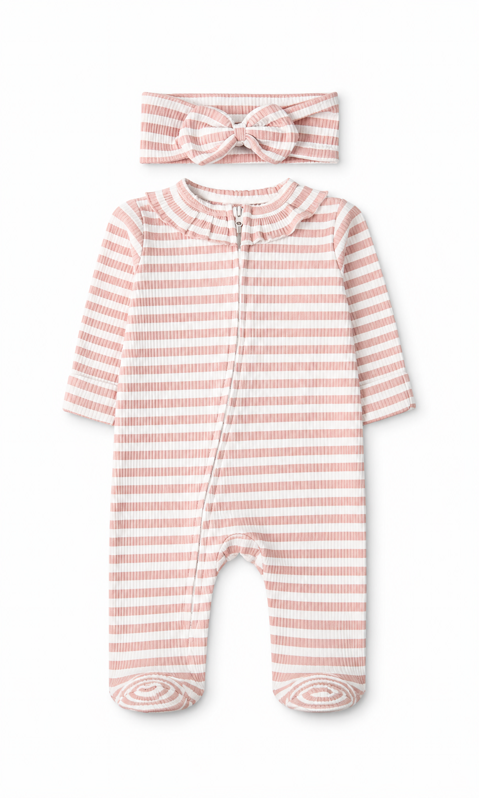 Baby Girls Romper Pack of 2 Pink Grey Striped with Headband