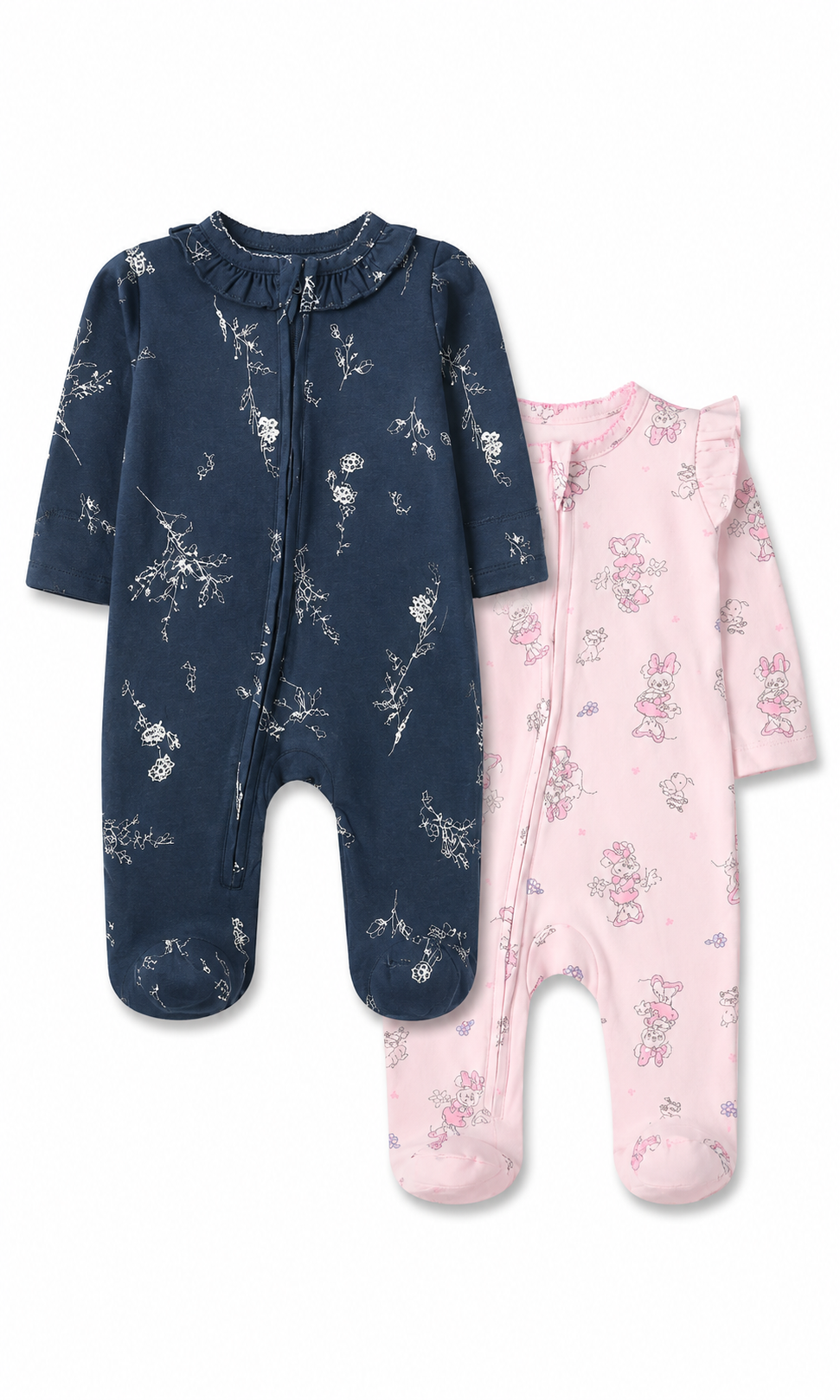 Baby Girl Cotton Romper Pack of 2 — Blue Floral Print & Pink Minnie Mouse Print